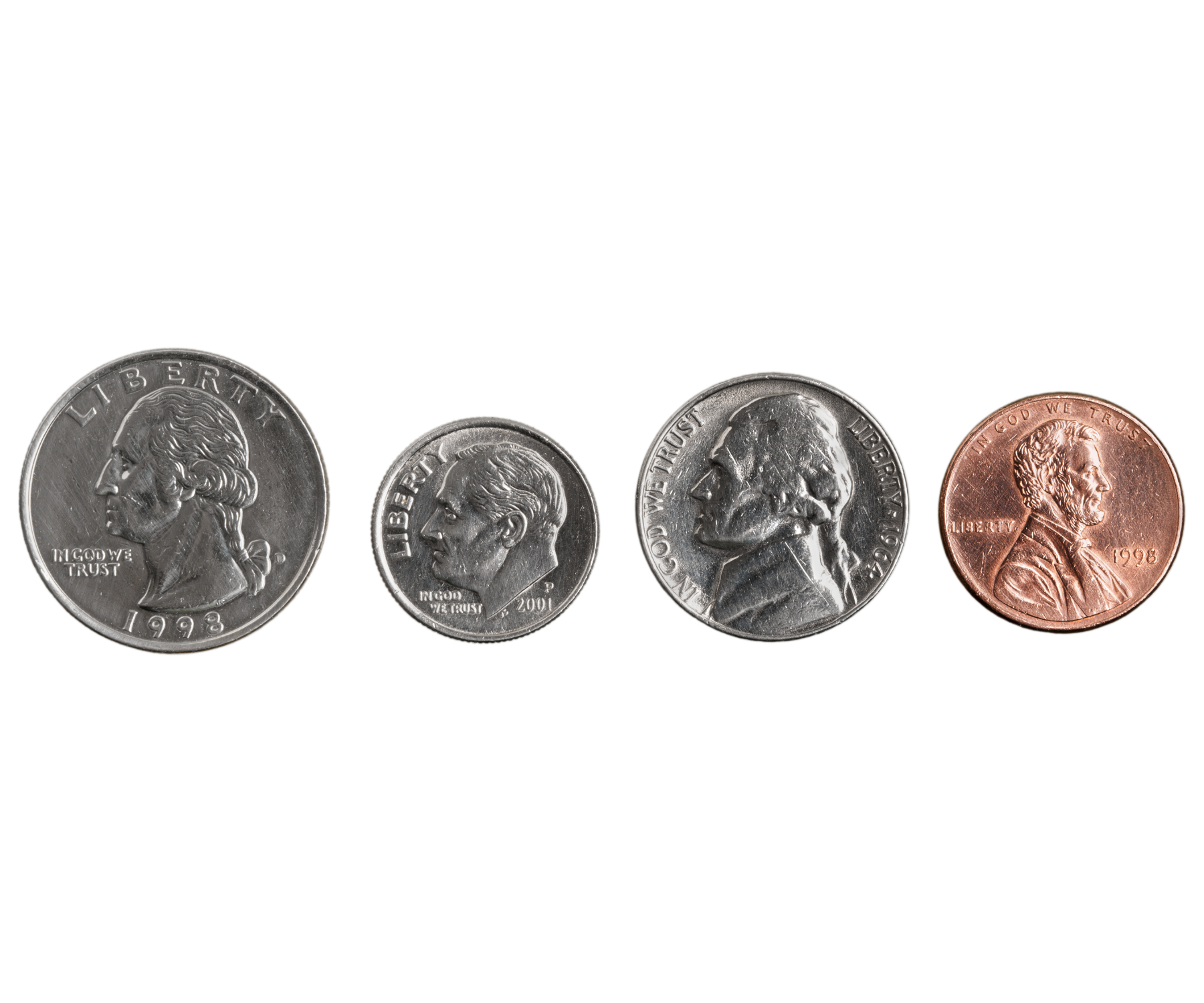 U.S. quarter, dime, nickel and penny